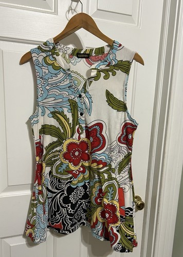 Reborn tunic top womens L shirt Red Ivory Green flowers v neck Buttons