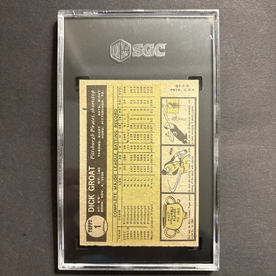 Tarjeta de béisbol 1961 Topps Dick Groat SGC 4 #1 Foto 2 de 2