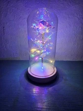 LED Crystal Rose W/Gold Stem In Glass Dome, Wooden Base-Works, Excellent