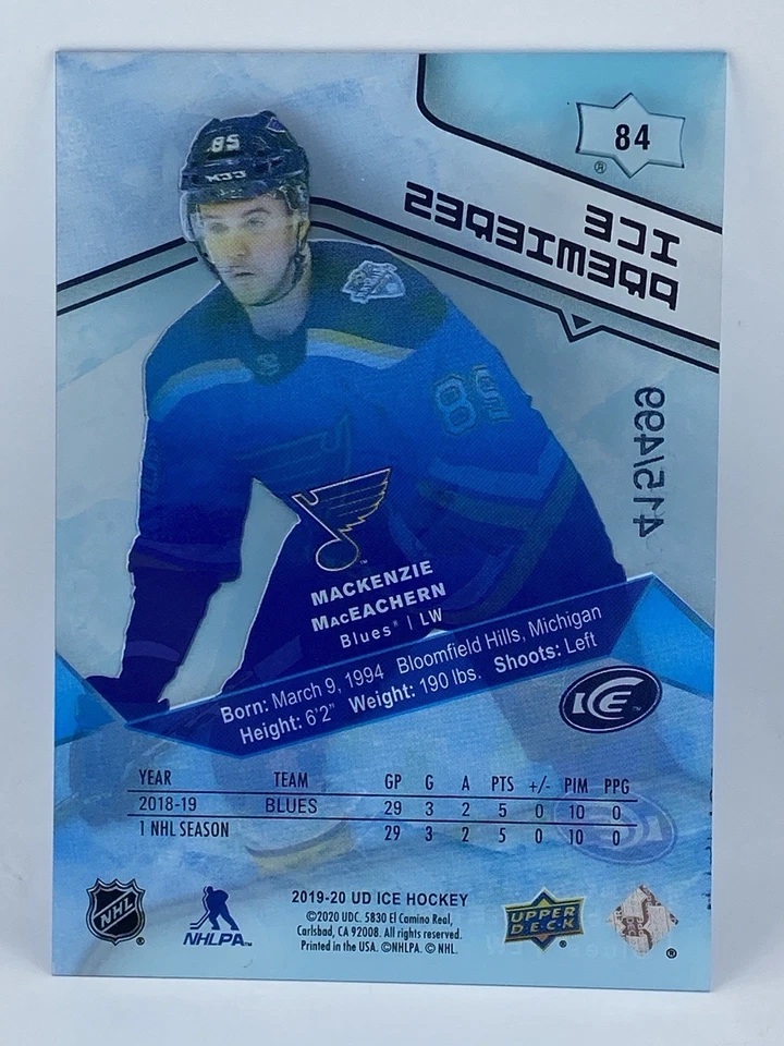 2019-20 UD ICE Premieres Mackenzie MacEachern RC /499 #84 Blues - Image 2 of 2