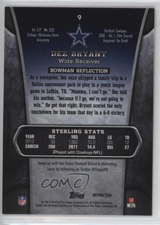 2013 Bowman Sterling Gold Refractor /50 Dez Bryant #9 - Image 2 of 2