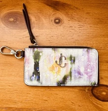 Jimmy Choo Coin Case Wallet Zip-Around Floral Pattern LISE-Z Card Holder Purple