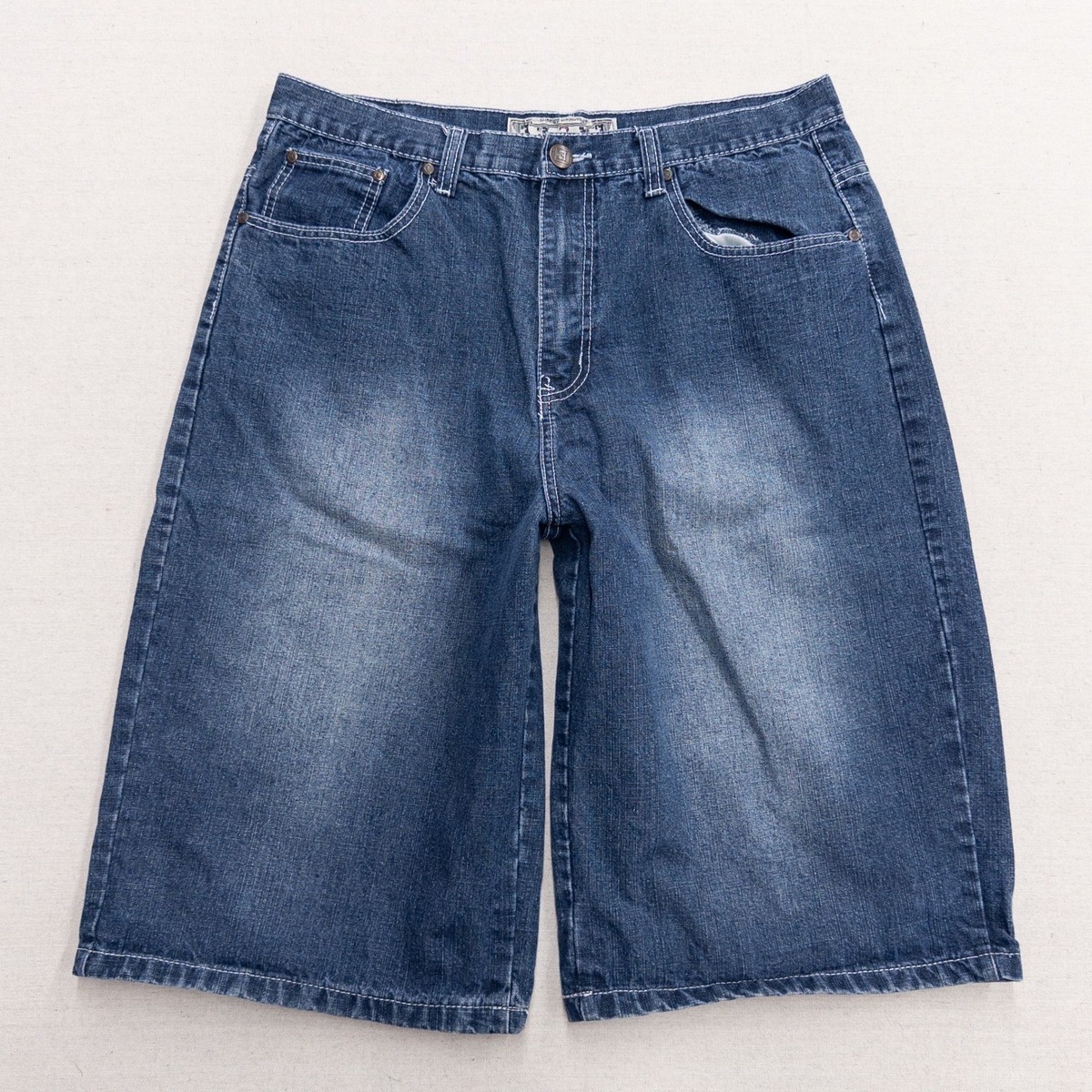 Vintage Mens Baggy Denim Shorts Blue Faded Y2K Jorts Embroidered