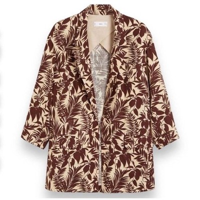 MNG Mango NWT Women's Tropical Linen Blend Boyfriend Blazer Longline Brown XS