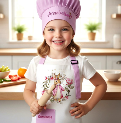 Personalisierte Rosa Kinder Leinen Backschürze und Hut Set, Aktivität Holz Geschenkset