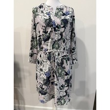LOFT Floral 3/4 Sleeve Drawstring Waist Dress L Green Blue Fall Layering Casual