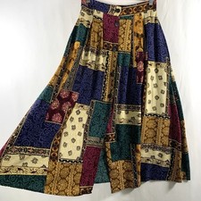 VTG Womens Patchwork Print Button Front Midi Skirt Size S Eclectic Rayon USA
