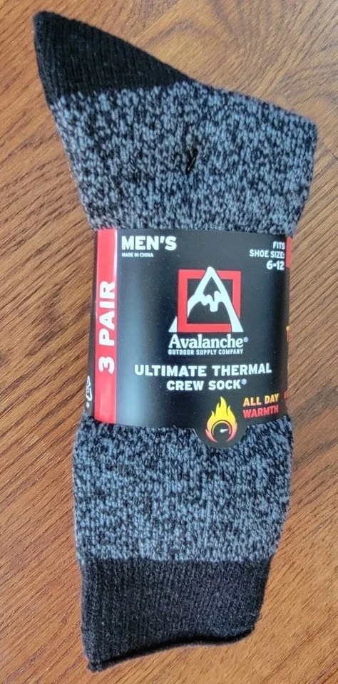 NEW Thermal Crew Socks Mens 3 Pack Black MIX Avalanche All Day Warmth Size 6 -12
