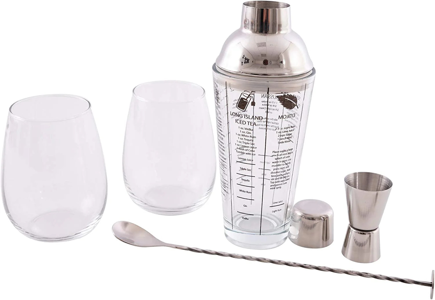 Shaker Boston 2 Verres avec Doseur et Cuillère - Kit Cocktail 5 Pièces
