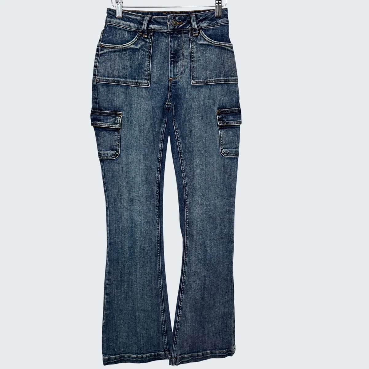Jeans cargo da donna a vita alta a gamba larga dritta pantaloni in denim con tasca con patta pantaloni cargo larghi vestibilità rilassata Y2K pantaloni, Bue, XS