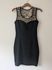 Redial Black And Leopard Print Mesh Back Sparkly Bodycon Mini Dress Size S