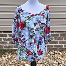Entro Blue Gingham Floral Off the Shoulder Bow Ruffle Womens Top Size L