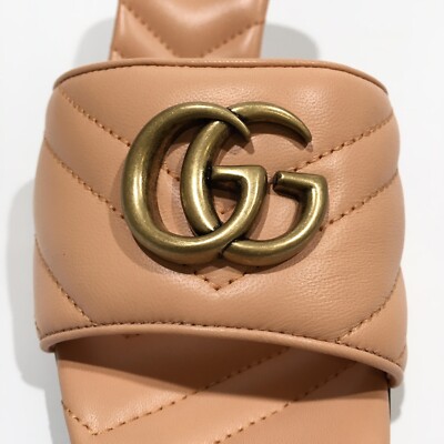 GUCCI GG MARMONT QUILTED LEATHER MULE SANDAL -PEACH -US 8.5