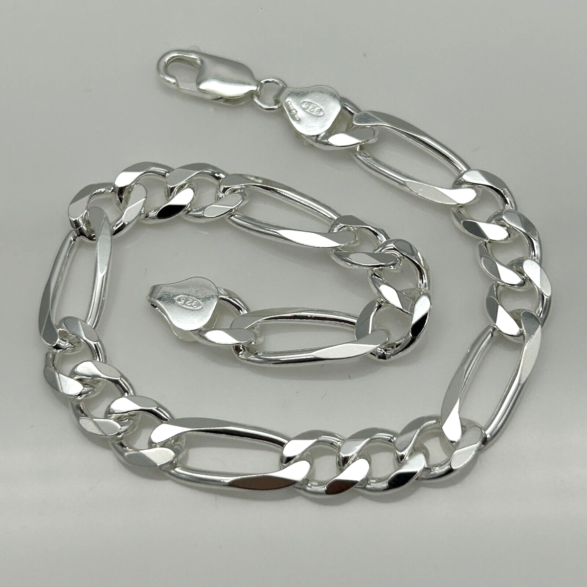 925 Solid Sterling Silver Men 8mm Figaro Chain Heavy Bracelet 8.5