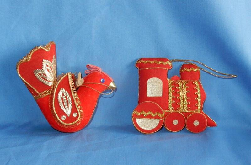 Vintage Japan Red Cardinal Bird & Train Engine w Gold Trim Christmas Ornament