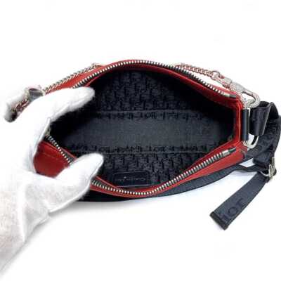 Christian Dior Semi-Shoulder Bag Red Black Silver 01-MA-1003 Christian Dior Semi-Shoulder Bag Red Black Silver 01-MA-1003