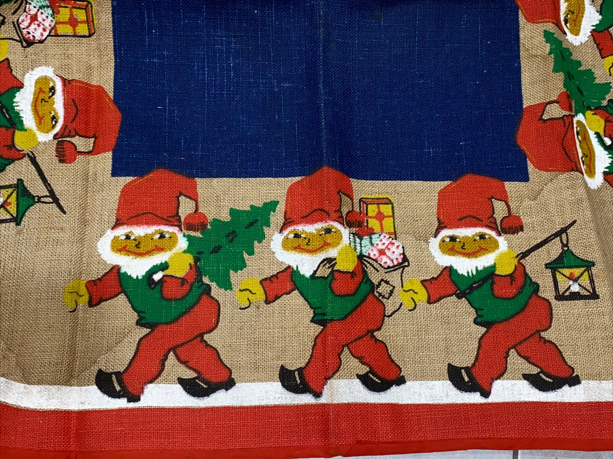 Vintage Christmas Tree Skirt Table Run Ghome Elf Burlap 38 1950s
