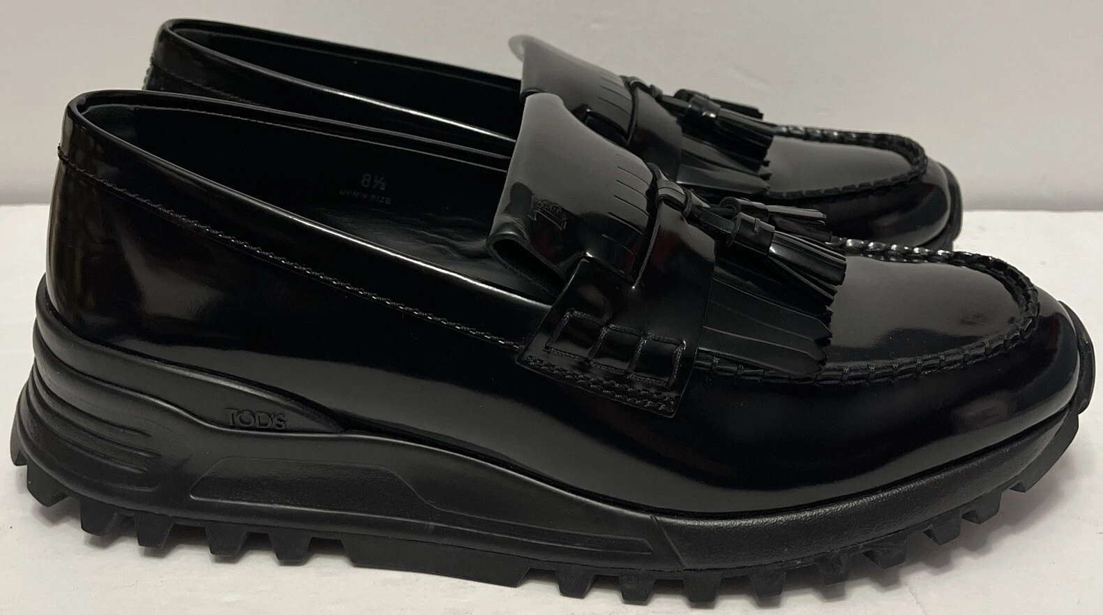 TOD’S Mocassino suola a ansa nappa Tod's Kilt pelle nera lucida NUOVO da uomo taglia 10 US