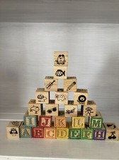 Vtg. Children Wooden Alphabet  Picture Blocks 1.5 in. Set Of 25 Toys