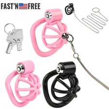 NEW Plastic Male Chastity Cage Device Button Click Lock Belt w/ 5 Rings for Men
