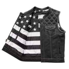American Flag Lining Black Leather Vest for Men - Real Cowhide Club Vest Biker's