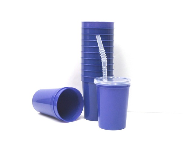 48-Small 12 Oz Purple Plastic Drinking Glasses Lids Straws Mfg in USA