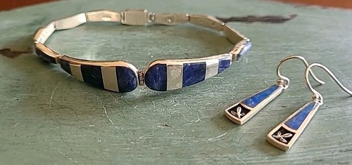 Vintage Sterling Silver 950 Lapis Bracelet 7.5 W/ Matching Earrings 925 Designer