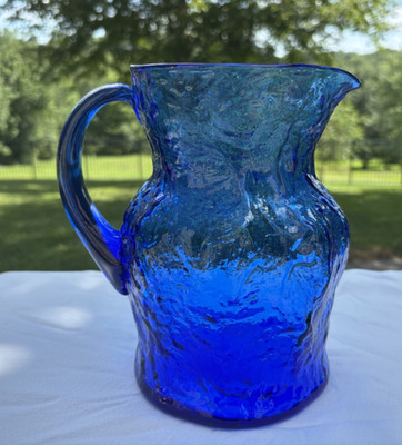 Morgantown Carbone  Dark Blue Crinkle Glass 64oz Ockner Shaped Pitcher w/ Label