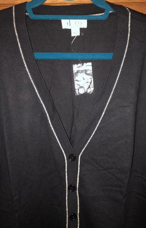 Cárdigan grande de manga larga Denim & Co. para mujer con ribete de lúrex negro talla L Foto 3 de 4