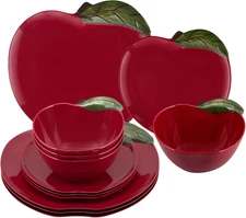 ware 12 Piece Apple Melamine Dinnerware Sets, Outdoor Dishes Set, Plates and Bow