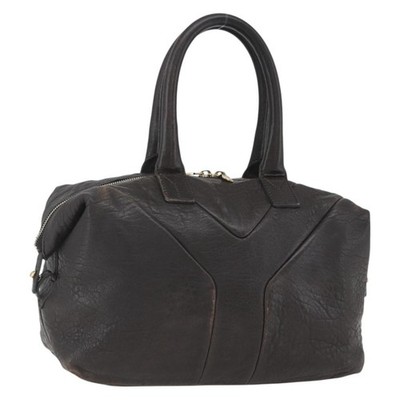 SAINT LAURENT Easy Boston Bag Leather Dark Brown Gold Auth gh1693