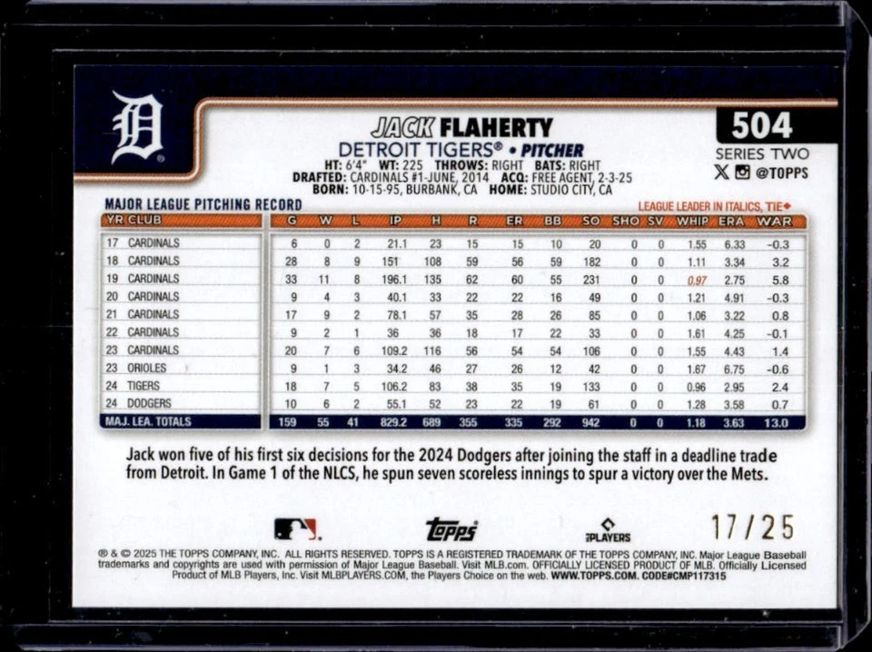 2025 Topps Jack Flaherty FF NYC Big Apple Variation Orange Foil #17/25 Tigers - Image 2 of 2