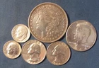 LOT 6 US SILVER COINS 1921 MORGAN SILVER DOLLAR 1964 D HALF $ 2 QUARTERS ++