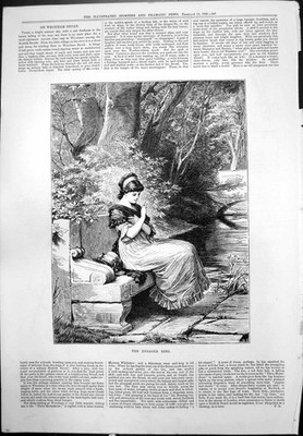 Alter Druck Verlobungsring Dame sitzende Waldbank Flussbrücke Bäume 1880 19.
