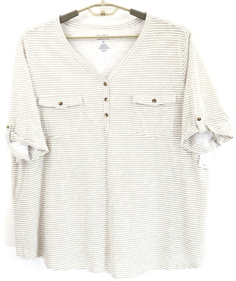 NWT CROFT & BARROW Women's Cotton Tunic Top Short Sleeve Striped Beige White 3X