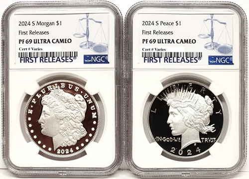 2 coin set 2024 morgan peace proof silver dollars ngc pf 69 uc first releases fr