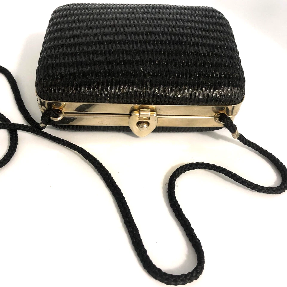 Vintage 1980s Black Woven & Gold Hardware Shoulder Cross Body Bag Made In Italy - Image 2 of 4
