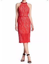 ABS SCHWARTZ Collection NEW Red Flame/Nude Halter Lace Midi Occasion Dress 14