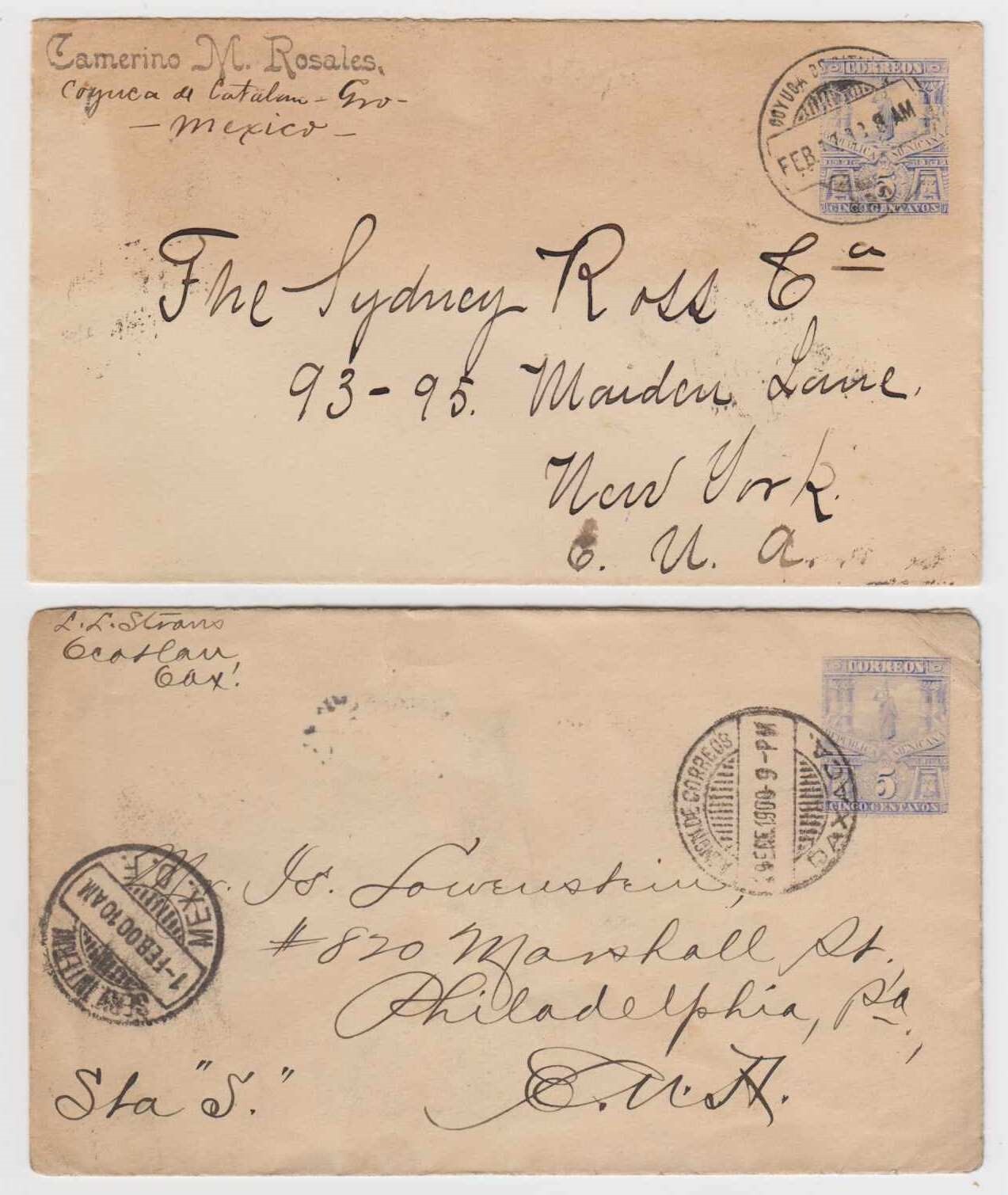 MEXICO 1898-1900 PS ENVELOPES MEPSI E58 TWO ENTIRES TO USA "COCUYA" + "IGUALA"