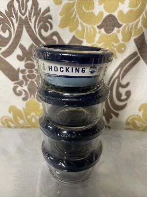 Anchor Hocking 1-Cup Round, Glass Food Storage with Plastic Lids, Blue, Set of 4