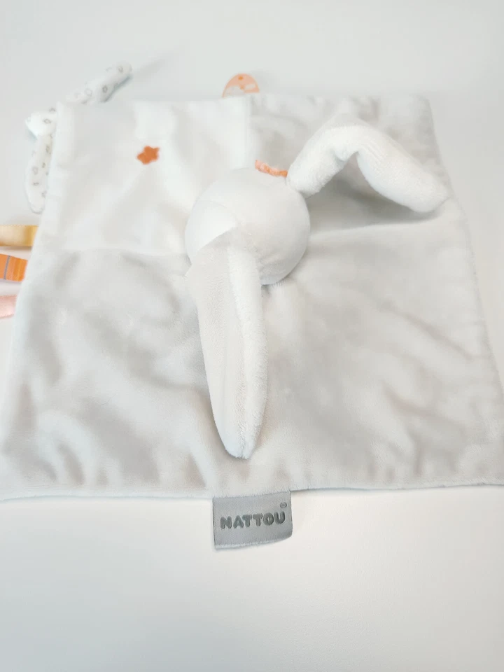 Doudou Plat Basile Et Mia Lapin Blanc Gris Fleur Étoiles Attache Tétine - Nattou - Photo 3/4