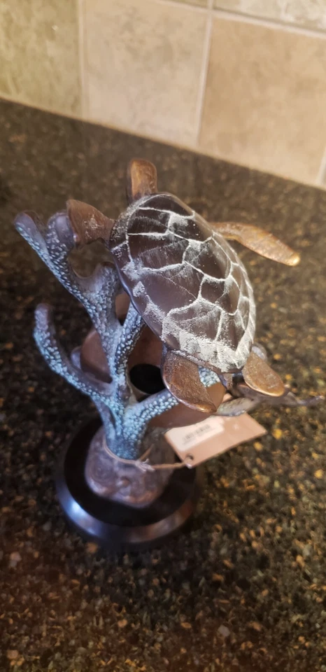 Stunning Brass Frame Marble Base Coastal Turtle Tabletop Clock Home Decor - Image 4 of 4