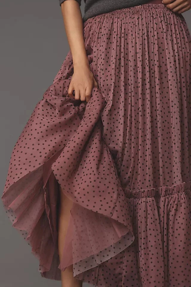 Maxi Falda de Tul en Niveles Rosa Pull on Dot Estampada Transparente Nueva M de Anthropologie Foto 4 de 4