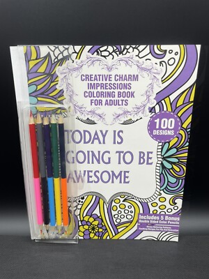 NEW Creative Charm Impressions Coloring Book with Colored Pencils For Adults