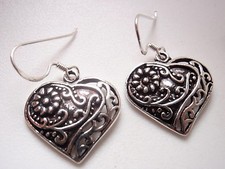 Heart Shaped Filigree and Flower Dangle Earrings 925 Sterling Silver