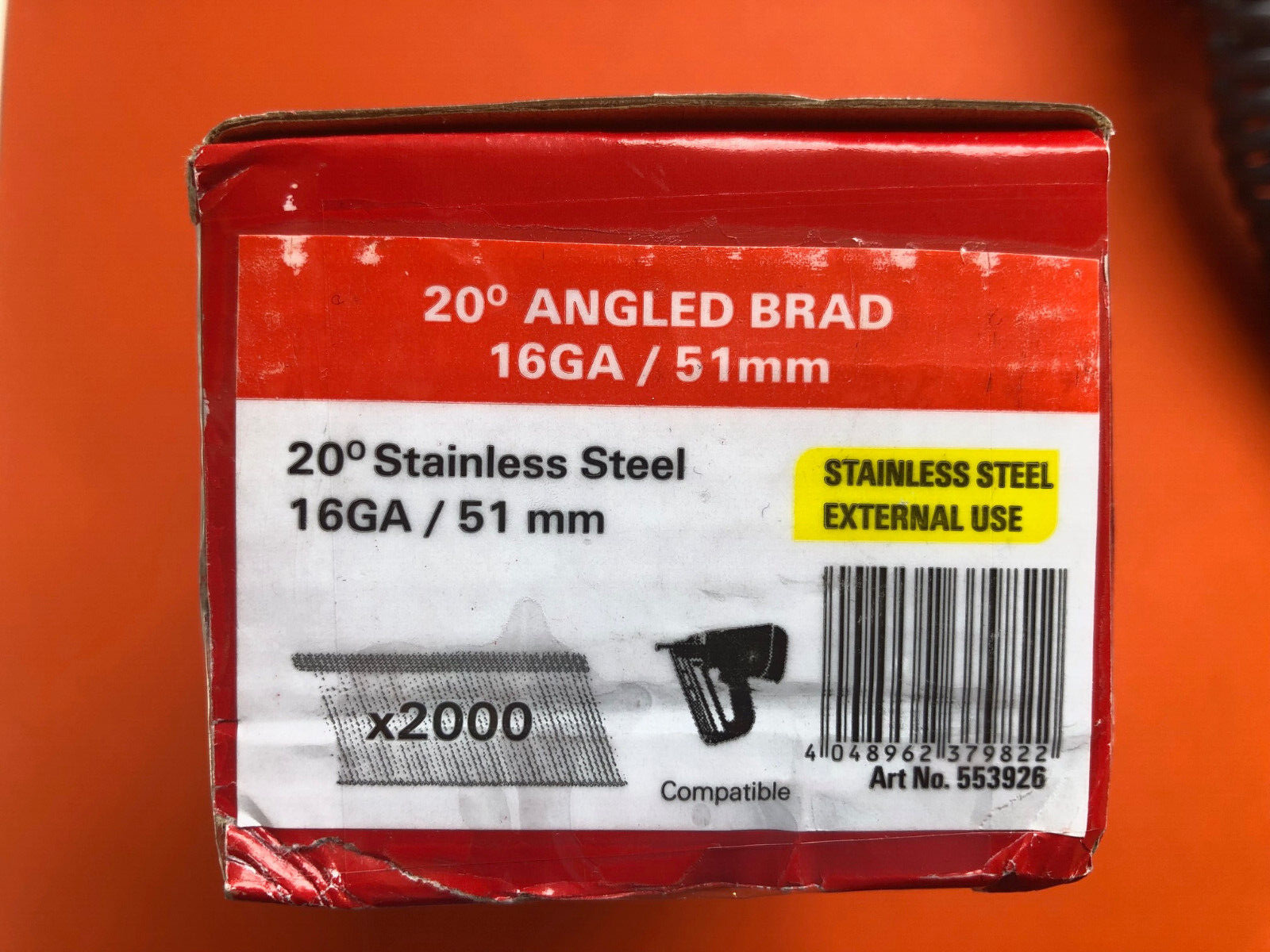 FISCHER 553926 51mm 16G 20 degree angled STAINLESS STEEL brads box of 2000