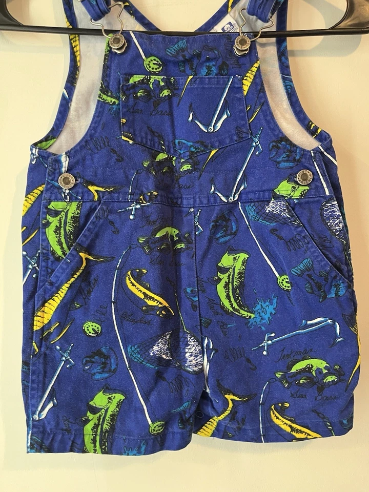 Just Friends vintage blue green fish overalls 100% cotton toddler boys Shorts 3T - Image 2 of 4