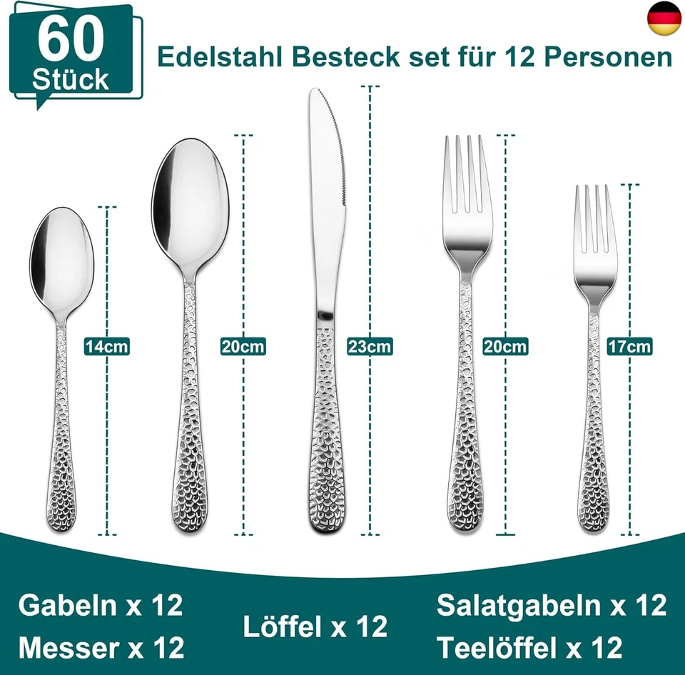 Joyfair Besteck Set 12 Personen, 60-teiliges Edelstahl Gehämmertes Besteckset  - Bild 2 von 4