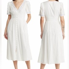NEW REFORMATION Kamryn Embroidered Smocked Waist Organic Cotton Blend Midi Sz 8