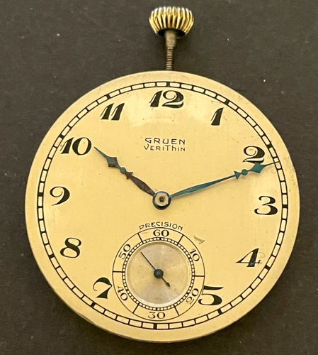 Antique Gruen Veri Thin Cal 747 Pocket Watch Movement Running Ticks 17j Swiss